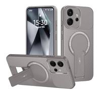 HAONANDE Coque pour Xiaomi 15T avec Support, Compatible avec MagSafe, Coque magnétique Texture Fibre de Carbone, Protection Antichoc Fine pour Homme Gris