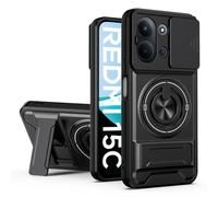HAONANDE Coque pour Xiaomi Redmi 15C 4G/5G avec 360 Anneau Support magnétique, Étui Militaire Antichoc Protection avec Cache caméra Coulissant Housse Compatible avec MagSafe Noir