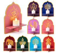 Haooryx Diwali Lot de 16 décorations murales pour la maison avec 24 bougies | Deepavali Support mural en bois lotus pour bougie chauffe-plat Motif Pooja indien Jharokha Rangoli