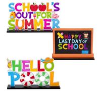 Haooryx Lot de 3 centres de table en bois de fin d'année scolaire, décoration de table en bois « Happy Last Day of School » - Décoration de table « Hello Pool » - Lettre pour le dernier jour de