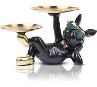 HAOPYOU Bouledogue Statue Chien avec Plateau Dcoratif - Plateau de Rangement en Rsine pour Cls Friandises et NOIR-2