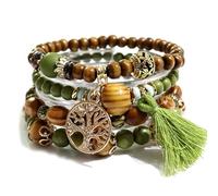 HAORQEE Bracelet bohème à perles avec pendentif arbre de vie, bracelet élastique multicouche en bois, cadeau de Noël pour femmes et filles (vert)