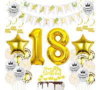 Haosell Ballons 18 Ans Anniversaire Or/Blanc, Décoration Ballon 18 Ans, Fille Garçon, Happy Birthday, 32'' Digital '18', Étoiles, Confettis, Latex Blanc, Or, Suspendues, Ruban, Gâteau