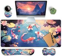 HaoSiTeck Lot de 4 grands tapis de souris pour homme et femme avec motif Koi coloré comprenant un grand tapis de souris XXL de 90 x 39 cm, repose-poignet et sous-verre pour bureau et maison