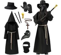 HaoVrisn Costume de carnaval médiéval pour enfant avec masque de peste en cuir, chapeau, paire de gants, collier en bois, bâton de marche