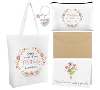 HAOWANWW Set 4 Pièces Cadeau Pour Maitresse Institutrice Sac en Coton Trousse De Toilette Porte-clés Carte De Vœux Merci de m'aider à grandir pour ATSEM AESH Fin d'Année Cadeau Professeur Retraite