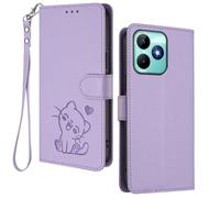 HAOYE Coque Portefeuille pour Realme C51 / Realme Note 50 / Realme C53, Motif Chat Mignon, Étui en Cuir avec Fermeture Magnétique, Housse TPU Antichoc, Porte-Cartes & Support - Violet Clair
