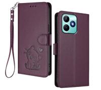 HAOYE Coque Portefeuille pour Realme C51 / Realme Note 50 / Realme C53, Motif Chat Mignon, Étui en Cuir avec Fermeture Magnétique, Housse TPU Antichoc, Porte-Cartes & Support - Violet Foncé