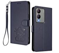 HAOYE Coque Portefeuille pour Vivo Y17s, Motif Chat Mignon, Étui en Cuir avec Fermeture Magnétique, Housse TPU Antichoc, Porte-Cartes & Support - Bleu