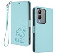 HAOYE Coque Portefeuille pour Vivo Y17s, Motif Chat Mignon, Étui en Cuir avec Fermeture Magnétique, Housse TPU Antichoc, Porte-Cartes & Support - Vert Clair