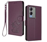 HAOYE Coque Portefeuille pour Vivo Y17s, Motif Chat Mignon, Étui en Cuir avec Fermeture Magnétique, Housse TPU Antichoc, Porte-Cartes & Support - Violet Foncé