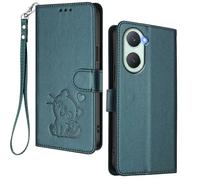 HAOYE Coque Portefeuille pour Vivo Y28s 5G, Motif Chat Mignon, Étui en Cuir avec Fermeture Magnétique, Housse TPU Antichoc, Porte-Cartes & Support - Vert Foncé