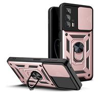 HAOYE Coque pour Motorola Moto Edge 20 Pro avec Rotatif Bague Anneau Support, Etui avec Couvercle de Caméra Coulissant, TPU + PC Double Couche Housse. Or Rose