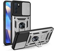 HAOYE Coque pour Oppo A16 / A16S / A54S avec Rotatif Bague Anneau Support, Etui avec Couvercle de Caméra Coulissant, TPU + PC Double Couche Housse. Argent