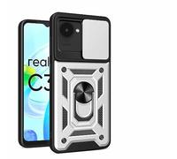 HAOYE Coque pour Realme C30 avec Rotatif Bague Anneau Support, Etui avec Couvercle de Caméra Coulissant, TPU + PC Double Couche Housse. Argent