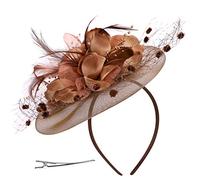 haozaikeji Bibi pour femme en maille avec plumes et fleurs,Style victorien,Bordeaux,Pour course à thé, mariage, église, funérailles, St Patrick, enterrement de vie de jeune fille, doré, taille unique
