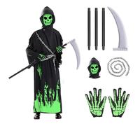 HAOZHENF Deguisement Faucheuse Enfant, Costume Halloween Enfant Garcon avec Masque, Gants, Faucille et Chaîne, Costume Faucheuse phosphorescent enfants pour Halloween Carnaval Cosplay(XL)