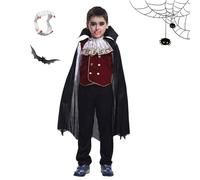 HAOZHENF Déguisement Vampire pour Garçon, Costume Gothique Dracula Enfant pour Halloween, Cosplay, Carnaval et Fêtes - Ensemble Complet avec Cape et dents de vampire
