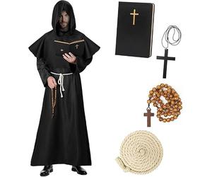 Haozozo Costume d'Halloween pour homme, costume de moine avec robe de moine, carnets classiques et décorations croisées, costume de moine médiéval pour homme, pour carnaval, Halloween