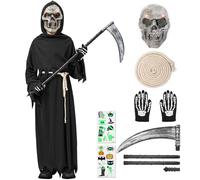 Haozozo Déguisement Halloween Enfant Garcon, Deguisement Faucheuse Enfant Avec Masque de Crâne Lumineux, Gants Squelettes, Cordon à La Taille et Faux - Idéal Costume Halloween enfant (9-10 ans)