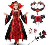 Haozozo Deguisement Vampire Fille, Deguisement Halloween Fille avec Robe Gothique & Accessoires Complets - Costume Vampire Halloween Enfant de 4-12 Ans pour Chasse aux Bonbons et Carnaval