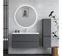 HAPAOSO Ensemble de Meubles de Salle de Bain 99cm avec Colonne et Miroir Blanc dimmable, Coffre 2 tiroirs, Meuble de Rangement Couleur Anthracite