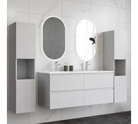 HAPAOSO Ensemble Meubles Salle de Bain 120 cm Blanc - Vasque Céramique, Colonne Haute x2 ，4 Tiroirs de Stockage, Miroir LED Ovale Dimmablex2