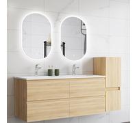 HAPAOSO Ensemble Meubles Salle de Bain 120 cm Chêne - Vasque Céramique, Colonne Bas，4 Tiroirs de Stockage, Miroir LED Ovale Dimmablex2