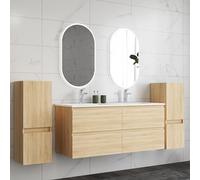 HAPAOSO Ensemble Meubles Salle de Bain 120 cm Chêne - Vasque Céramique, Colonne Bas x2 ，4 Tiroirs de Stockage, Miroir LED Ovale Dimmablex2