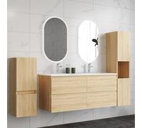 HAPAOSO Ensemble Meubles Salle de Bain 120 cm Chêne - Vasque Céramique, Colonne Haute+Colonne Bas ，4 Tiroirs de Stockage, Miroir LED Ovale Dimmablex2