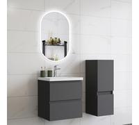 HAPAOSO Ensemble Meubles Salle de Bain 50 cm Anthracite - Vasque Céramique, Colonne Bas，2 Tiroirs de Stockage, Miroir LED Ovale Dimmable