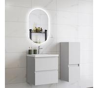 HAPAOSO Ensemble Meubles Salle de Bain 50 cm Blanc - Vasque Céramique, Colonne Bas，2 Tiroirs de Stockage, Miroir LED Ovale Dimmable