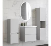 HAPAOSO Ensemble Meubles Salle de Bain 50 cm Blanc - Vasque Céramique, Colonne Haute+Colonne Bas ，2 Tiroirs de Stockage, Miroir LED Ovale Dimmable