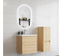 HAPAOSO Ensemble Meubles Salle de Bain 50 cm Chêne - Vasque Céramique, Colonne Bas，2 Tiroirs de Stockage, Miroir LED Ovale Dimmable
