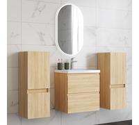 HAPAOSO Ensemble Meubles Salle de Bain 50 cm Chêne - Vasque Céramique, Colonne Bas x2 ，2 Tiroirs de Stockage, Miroir LED Ovale Dimmable