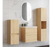 HAPAOSO Ensemble Meubles Salle de Bain 50 cm Chêne - Vasque Céramique, Colonne Haute+Colonne Bas ，2 Tiroirs de Stockage, Miroir LED Ovale Dimmable