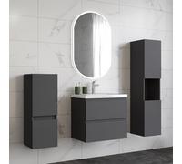 HAPAOSO Ensemble Meubles Salle de Bain 60 cm Anthracite - Vasque Céramique, Colonne Haute+Colonne Bas ，2 Tiroirs de Stockage, Miroir LED Ovale Dimmable