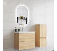HAPAOSO Ensemble Meubles Salle de Bain 60 cm Chêne - Vasque Céramique, Colonne Bas，2 Tiroirs de Stockage, Miroir LED Ovale Dimmable