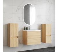 HAPAOSO Ensemble Meubles Salle de Bain 60 cm Chêne - Vasque Céramique, Colonne Bas x2 ，2 Tiroirs de Stockage, Miroir LED Ovale Dimmable