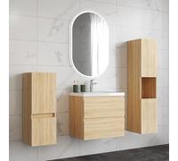 HAPAOSO Ensemble Meubles Salle de Bain 60 cm Chêne - Vasque Céramique, Colonne Haute+Colonne Bas ，2 Tiroirs de Stockage, Miroir LED Ovale Dimmable