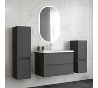 HAPAOSO Ensemble Meubles Salle de Bain 79 cm Anthracite - Vasque Céramique, Colonne Bas+Colonne Haute ，2 Tiroirs de Stockage, Miroir LED Ovale Dimmable