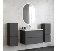 HAPAOSO Ensemble Meubles Salle de Bain 79 cm Anthracite - Vasque Céramique, Colonne Bas x2 ，2 Tiroirs de Stockage, Miroir LED Ovale Dimmable