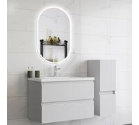 HAPAOSO Ensemble Meubles Salle de Bain 79 cm Blanc - Vasque Céramique, Colonne Bas，2 Tiroirs de Stockage, Miroir LED Ovale Dimmable