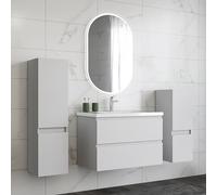 HAPAOSO Ensemble Meubles Salle de Bain 79 cm Blanc - Vasque Céramique, Colonne Bas+Colonne Haute ，2 Tiroirs de Stockage, Miroir LED Ovale Dimmable