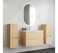 HAPAOSO Ensemble Meubles Salle de Bain 79 cm Chêne - Vasque Céramique, Colonne Bas x2 ，2 Tiroirs de Stockage, Miroir LED Ovale Dimmable