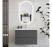 HAPAOSO Ensemble Meubles Salle de Bain 79cm Anthracite - Vasque Céramique, 2 Tiroirs de Stockage, Miroir LED Ovale Dimmable