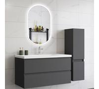 HAPAOSO Ensemble Meubles Salle de Bain 99 cm Anthracite - Vasque Céramique, Colonne Haute，2 Tiroirs de Stockage, Miroir LED Ovale Dimmable