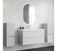 HAPAOSO Ensemble Meubles Salle de Bain 99 cm Blanc - Vasque Céramique, Colonne Bas x2 ，2 Tiroirs de Stockage, Miroir LED Ovale Dimmable