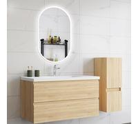HAPAOSO Ensemble Meubles Salle de Bain 99 cm Chêne - Vasque Céramique, Colonne Bas，2 Tiroirs de Stockage, Miroir LED Ovale Dimmable