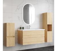 HAPAOSO Ensemble Meubles Salle de Bain 99 cm Chêne - Vasque Céramique, Colonne Haute+Colonne Bas ，2 Tiroirs de Stockage, Miroir LED Ovale Dimmable